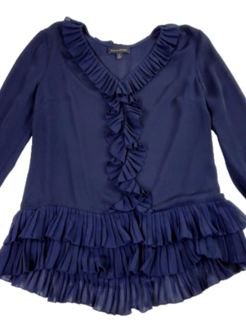 Banana Republic Pleated Ruffle Blouse Women S/M Navy Chiffon Romantic Career